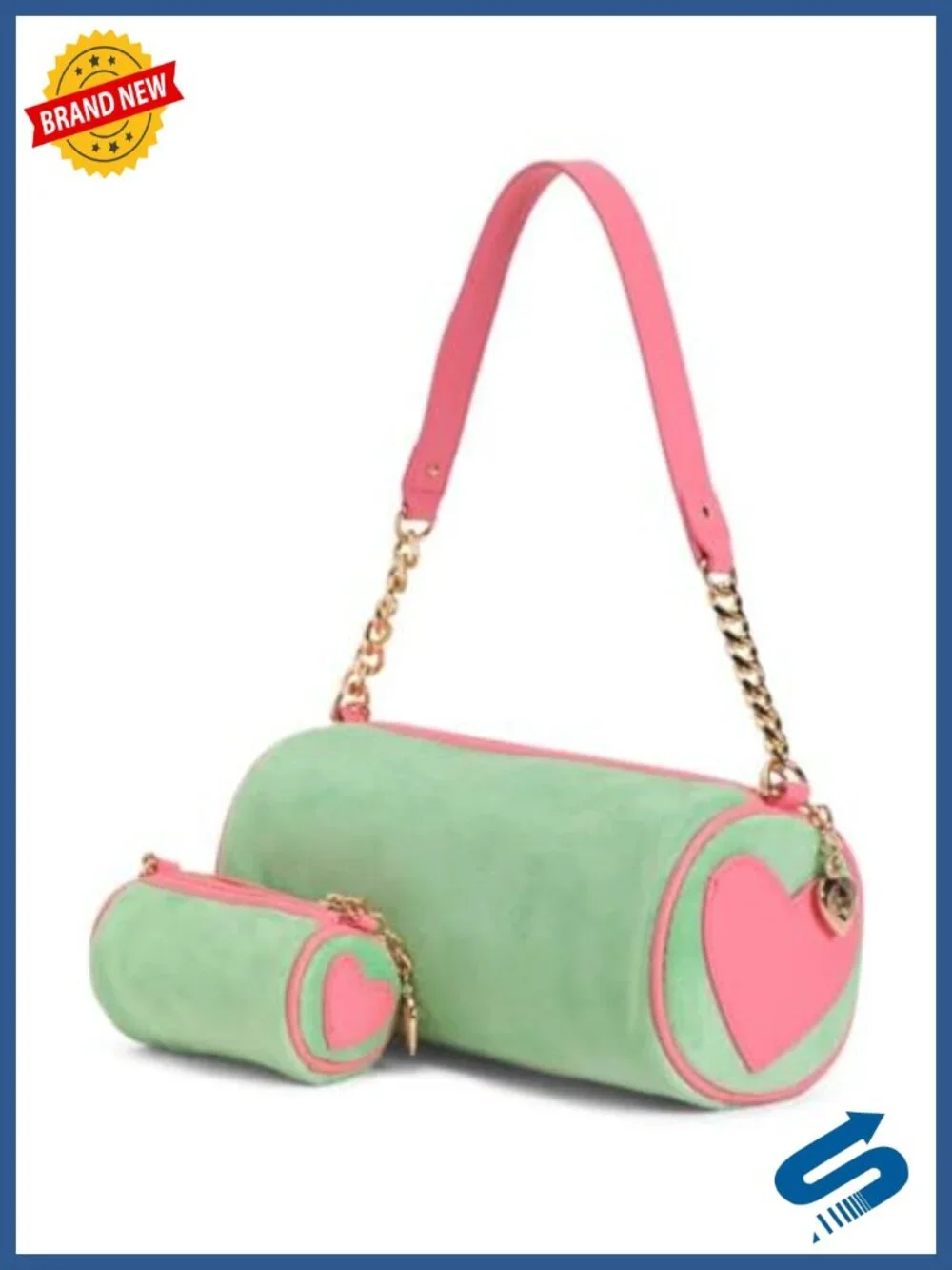 Velour Barrel Satchel with Gold-Tone Chain Strap and Mini Pouch